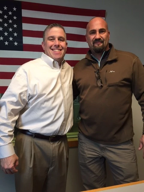 Bill Christman and Jeno Berta taping "QC Veterans' Roll Call" radio show.